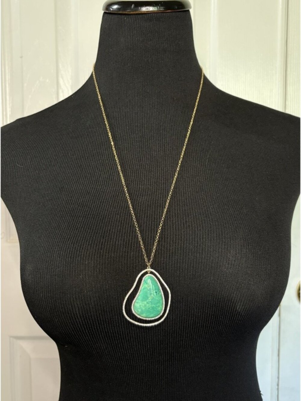 Marcia Moran Jewelry Green Stone Pave CZ Statement Pendant Long Necklace